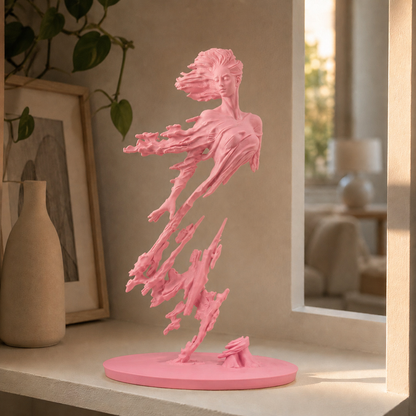 Escultura de figura em movimento com véu esvoaçante sobre base circular, na cor rosa