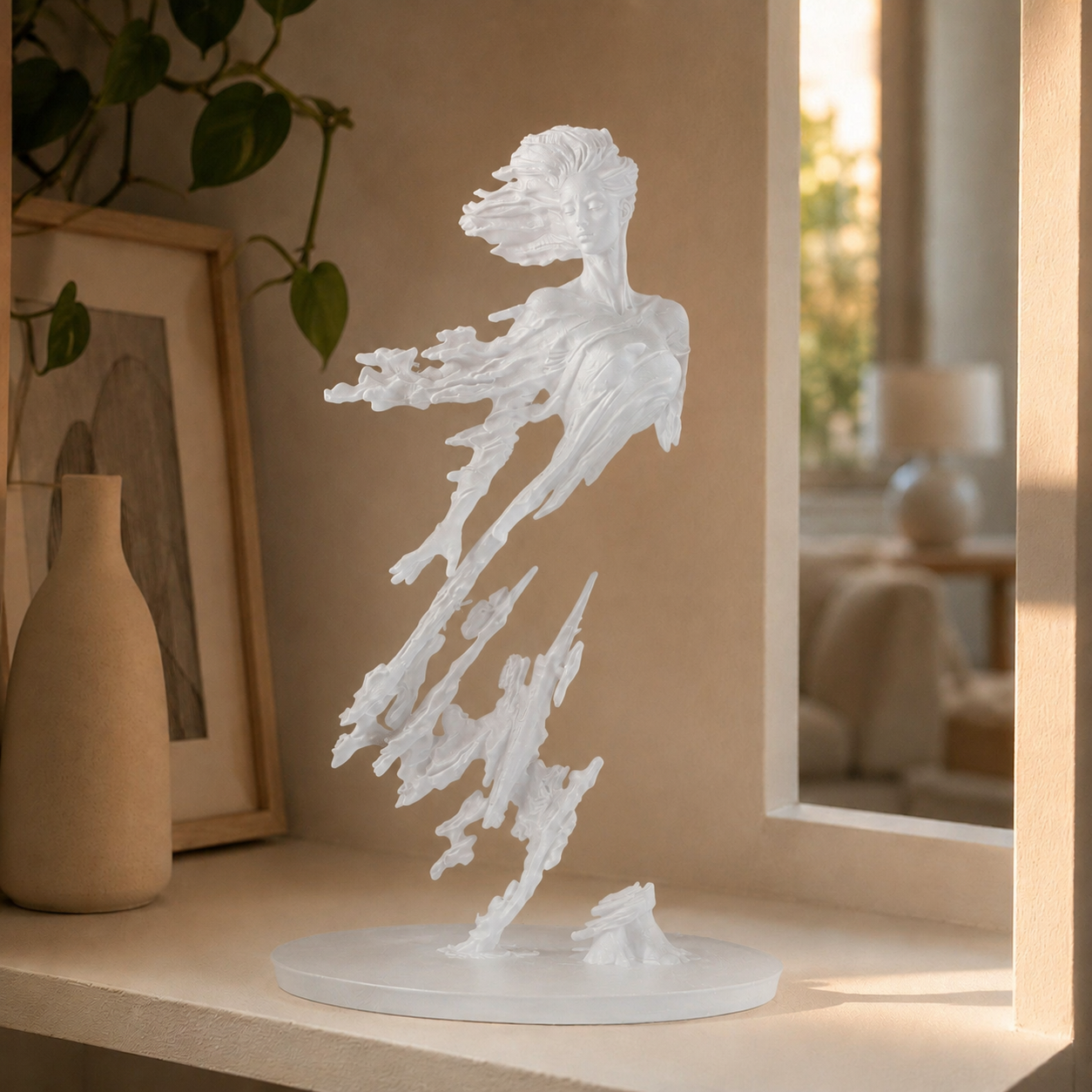 Escultura de figura em movimento com véu esvoaçante sobre base circular, na cor translúcida