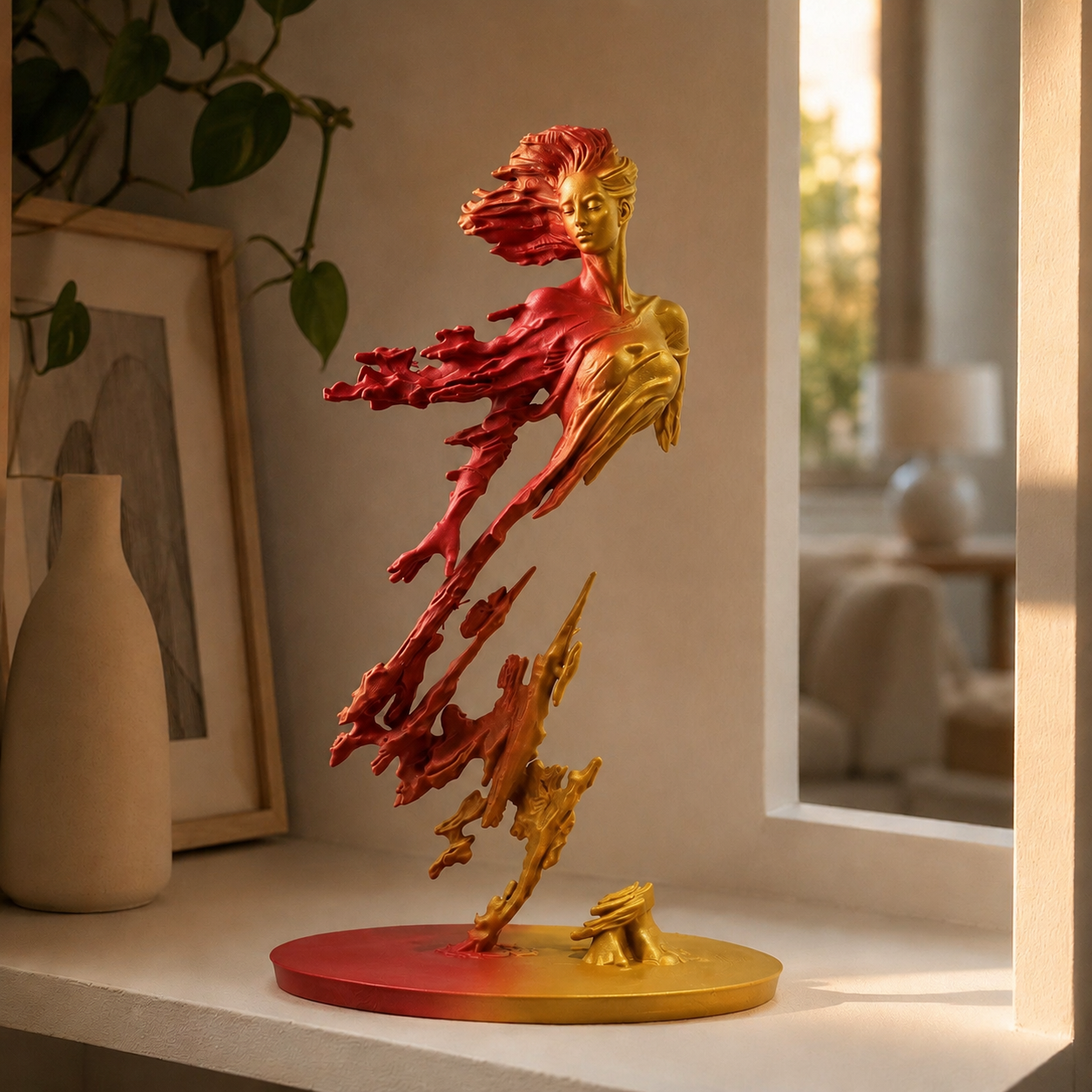 Escultura de figura em movimento com véu esvoaçante sobre base circular, na cor vermelha e dourada