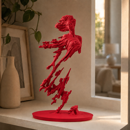 Escultura de figura em movimento com véu esvoaçante sobre base circular, na cor vermelha