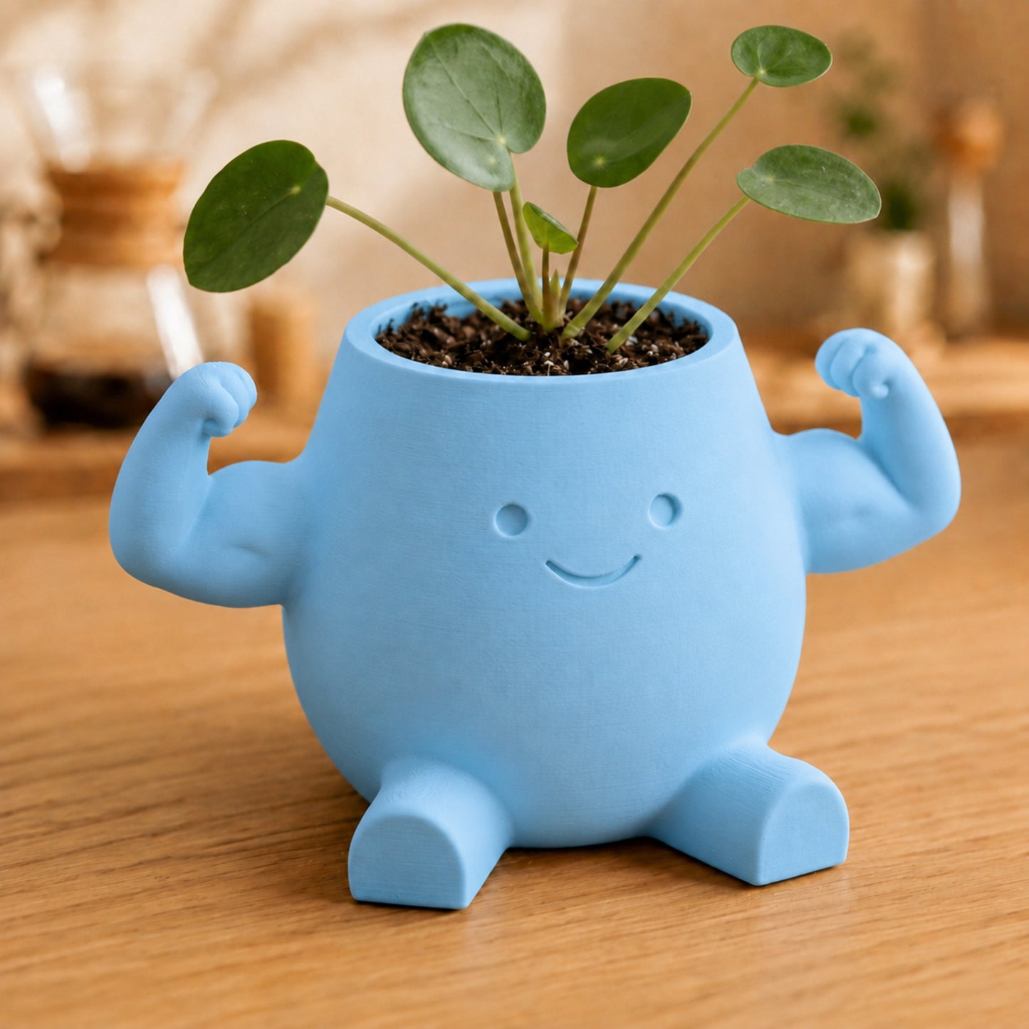 Vaso amiguinho flexionando o braço para mostrar o bíceps, na cor azul-celeste