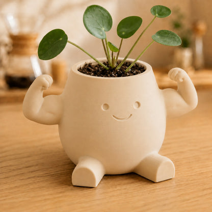 Vaso amiguinho flexionando o braço para mostrar o bíceps, na cor bege