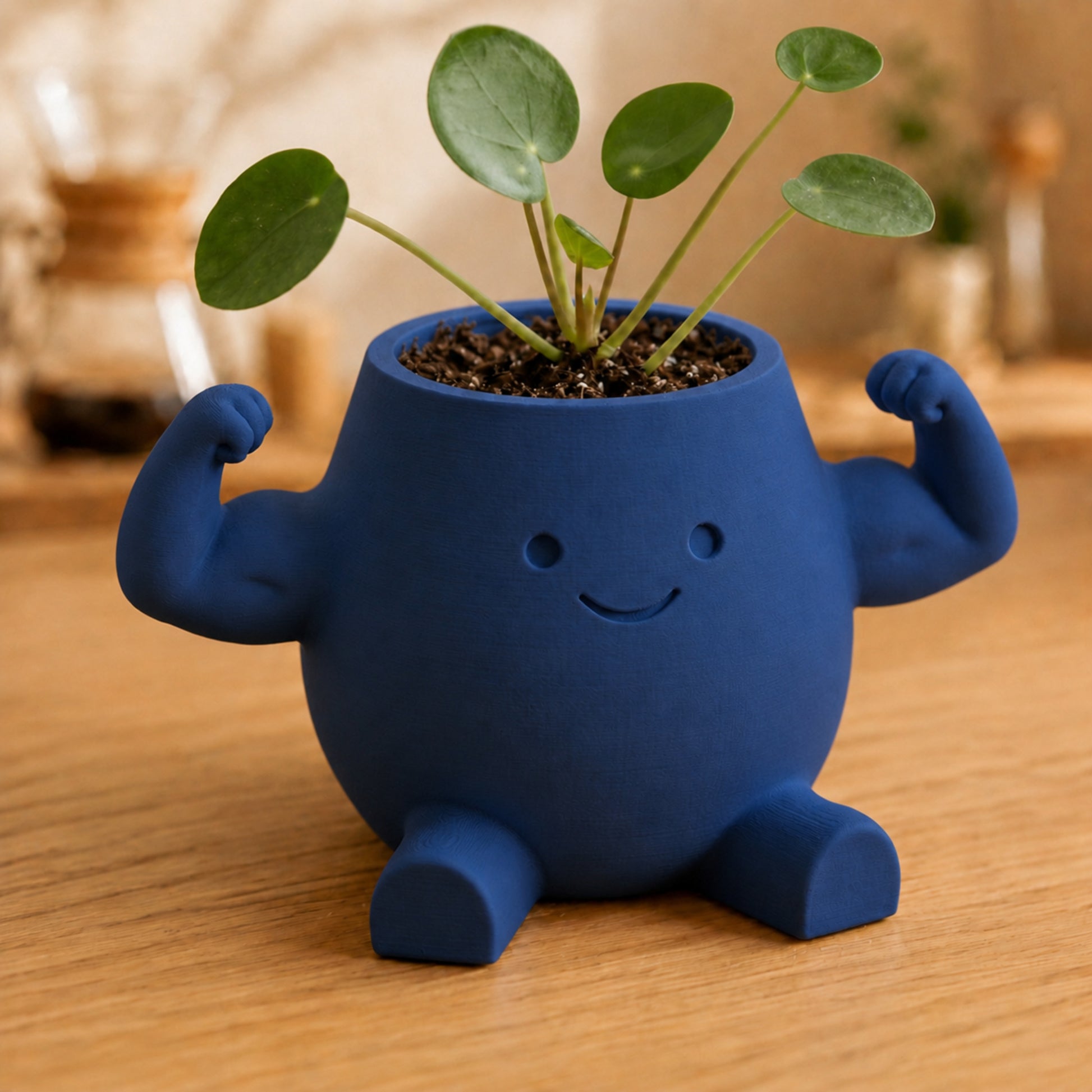 Vaso amiguinho flexionando o braço para mostrar o bíceps, na cor azul-escura