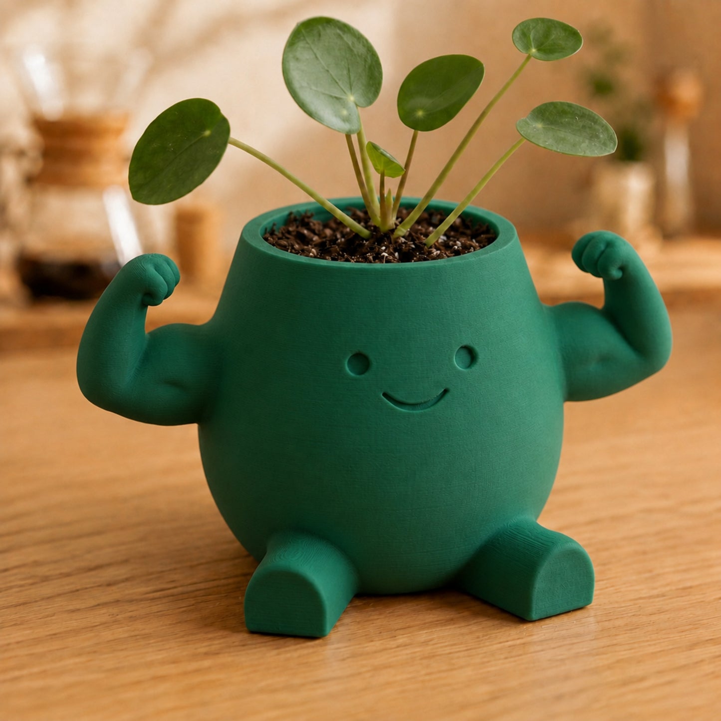 Vaso amiguinho flexionando o braço para mostrar o bíceps, na cor verde escura