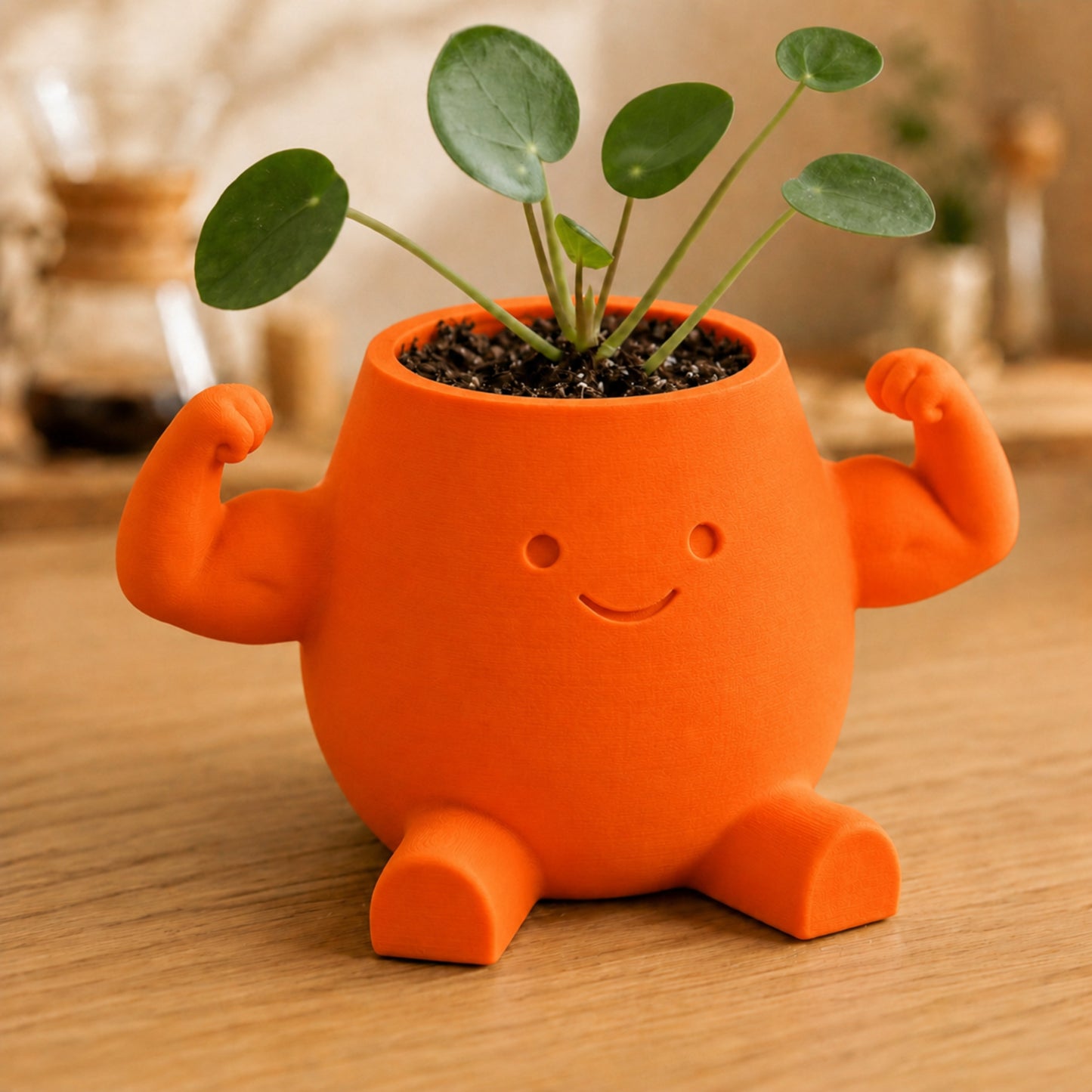 Vaso amiguinho flexionando o braço para mostrar o bíceps, na cor laranja