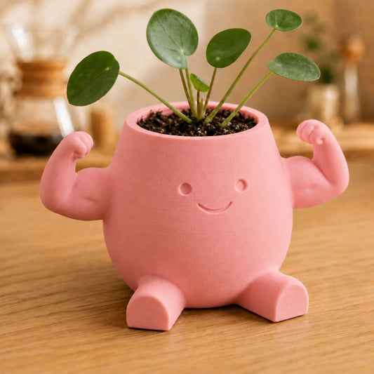 Vaso amiguinho flexionando o braço para mostrar o bíceps, na cor rosa