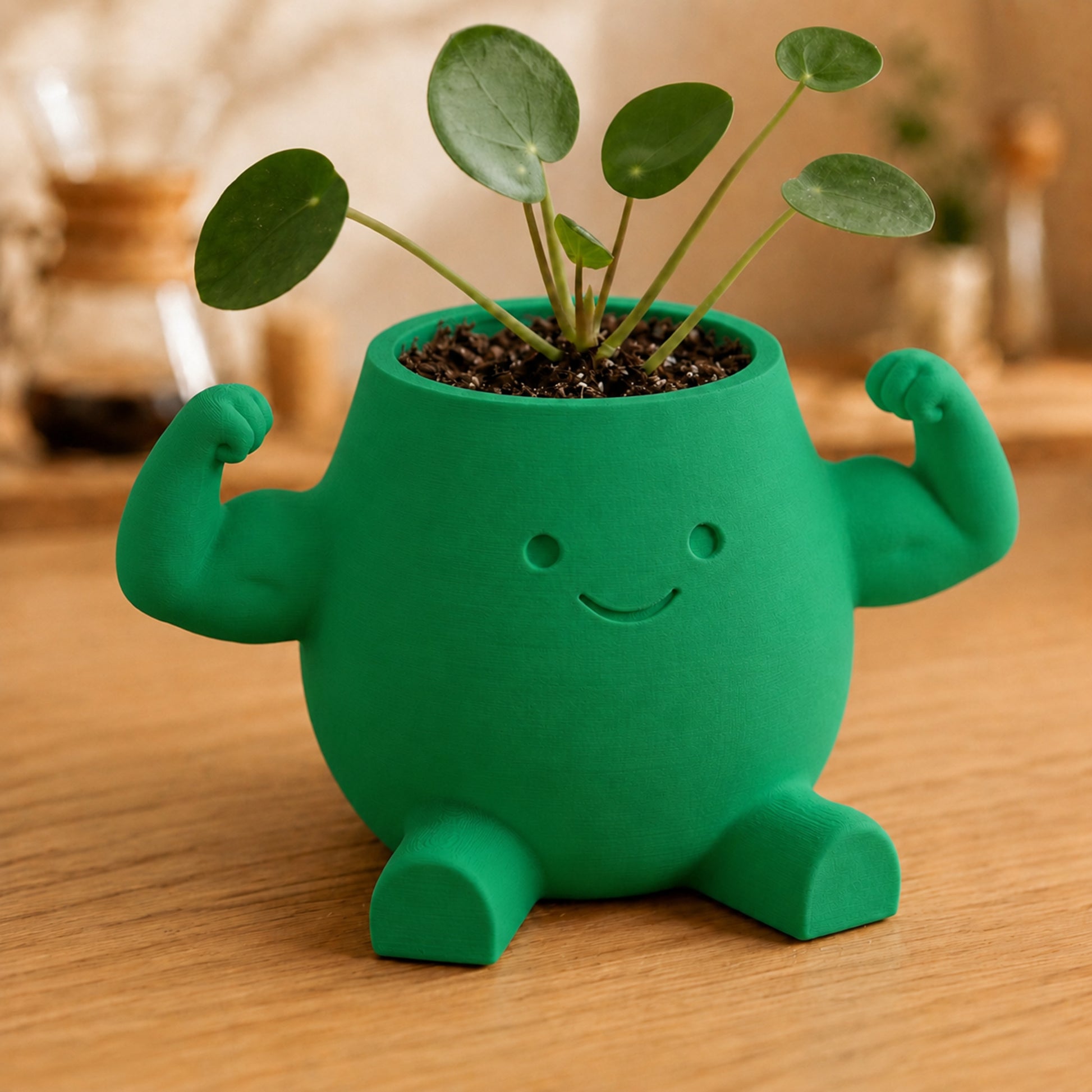 Vaso amiguinho flexionando o braço para mostrar o bíceps, na cor verde