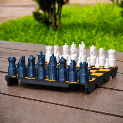 Gambito: tabuleiro preto e dourado com peças Dark Blue e branco.