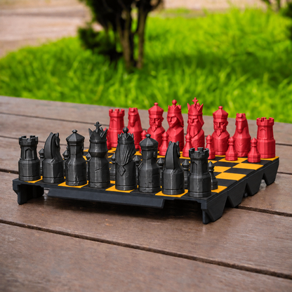 Gambito: tabuleiro preto e dourado com peças Preto e vermelho.