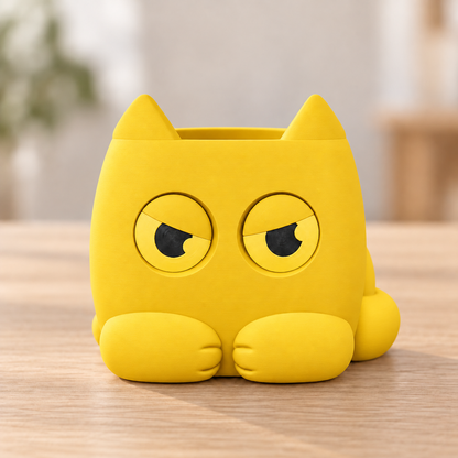Vaso Gato Rabugento — Amarelo, sem planta, com olhos indicadores amarelos e pretos