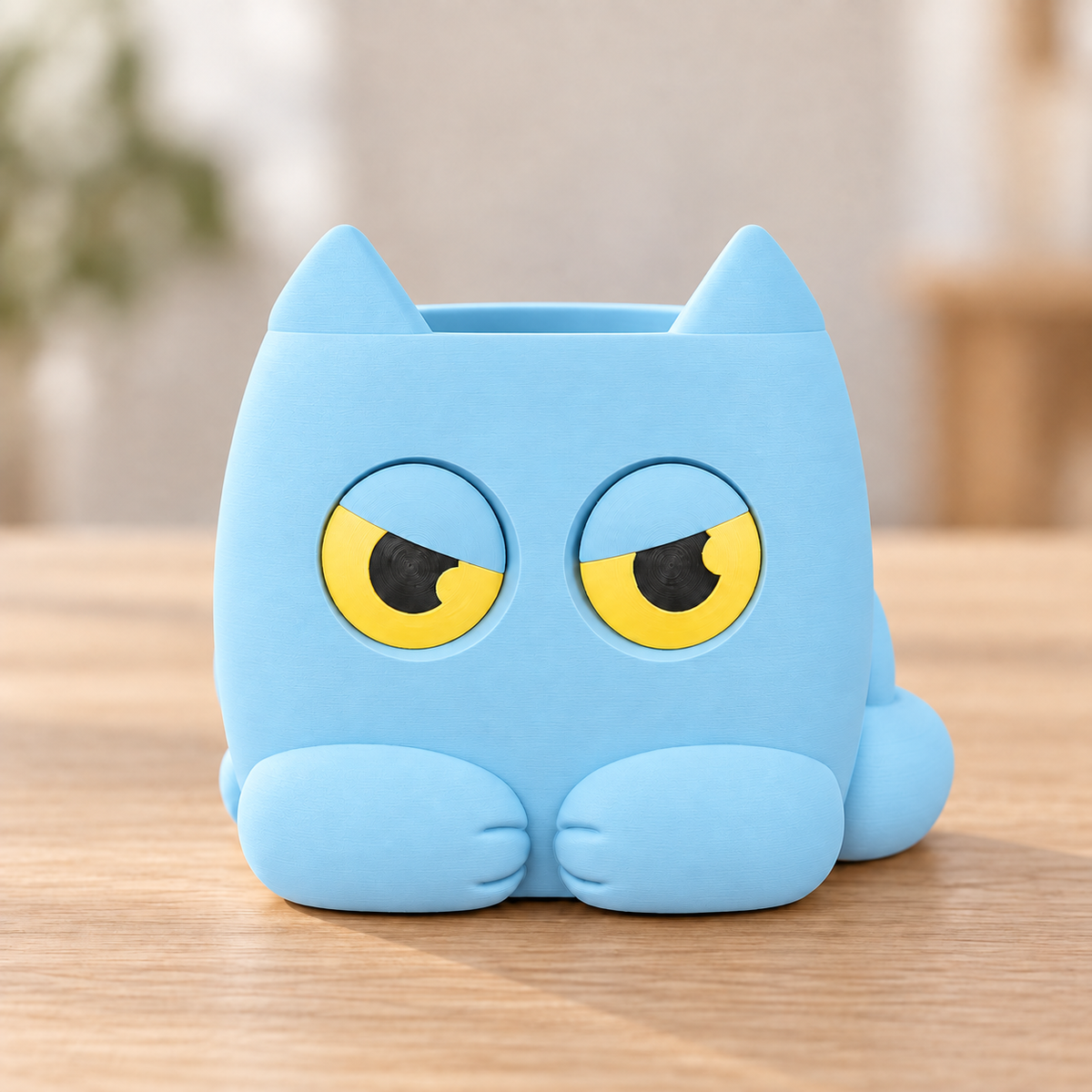 Vaso Gato Rabugento — Azul Celeste, sem planta, com olhos indicadores amarelos e pretos