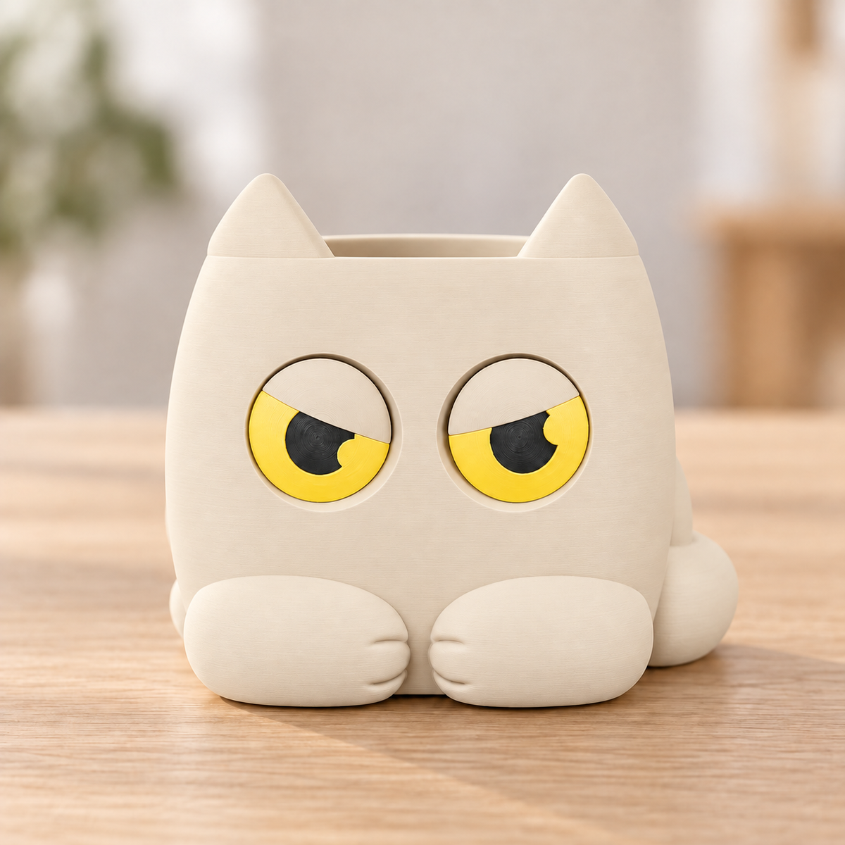 Vaso Gato Rabugento — Bege, sem planta, com olhos indicadores amarelos e pretos