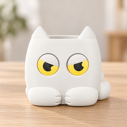 Vaso Gato Rabugento — Branco, sem planta, com olhos indicadores amarelos e pretos