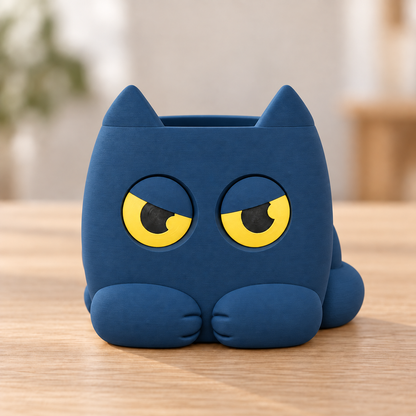 Vaso Gato Rabugento — Dark Blue, sem planta, com olhos indicadores amarelos e pretos