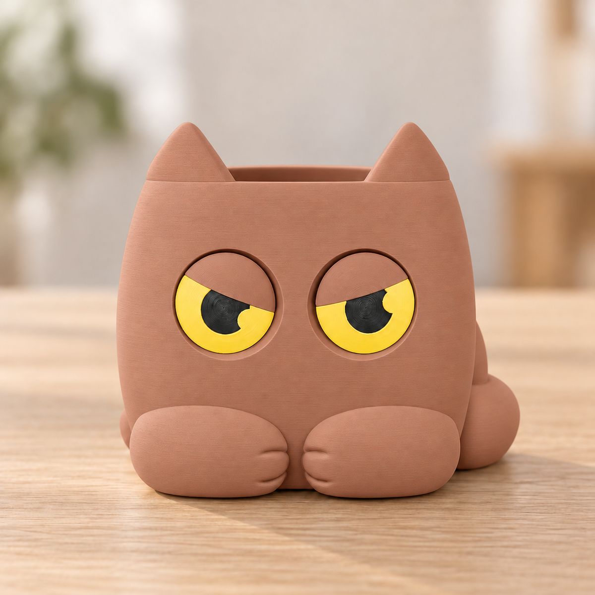 Vaso Gato Rabugento — Marrom Terracota, sem planta, com olhos indicadores amarelos e pretos