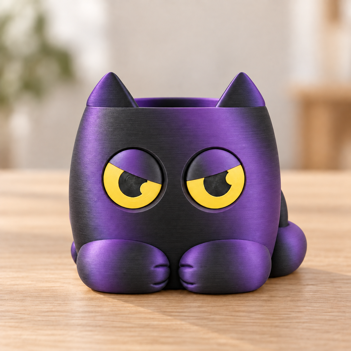 Vaso Gato Rabugento — Preto e Roxo, sem planta, com olhos indicadores amarelos e pretos