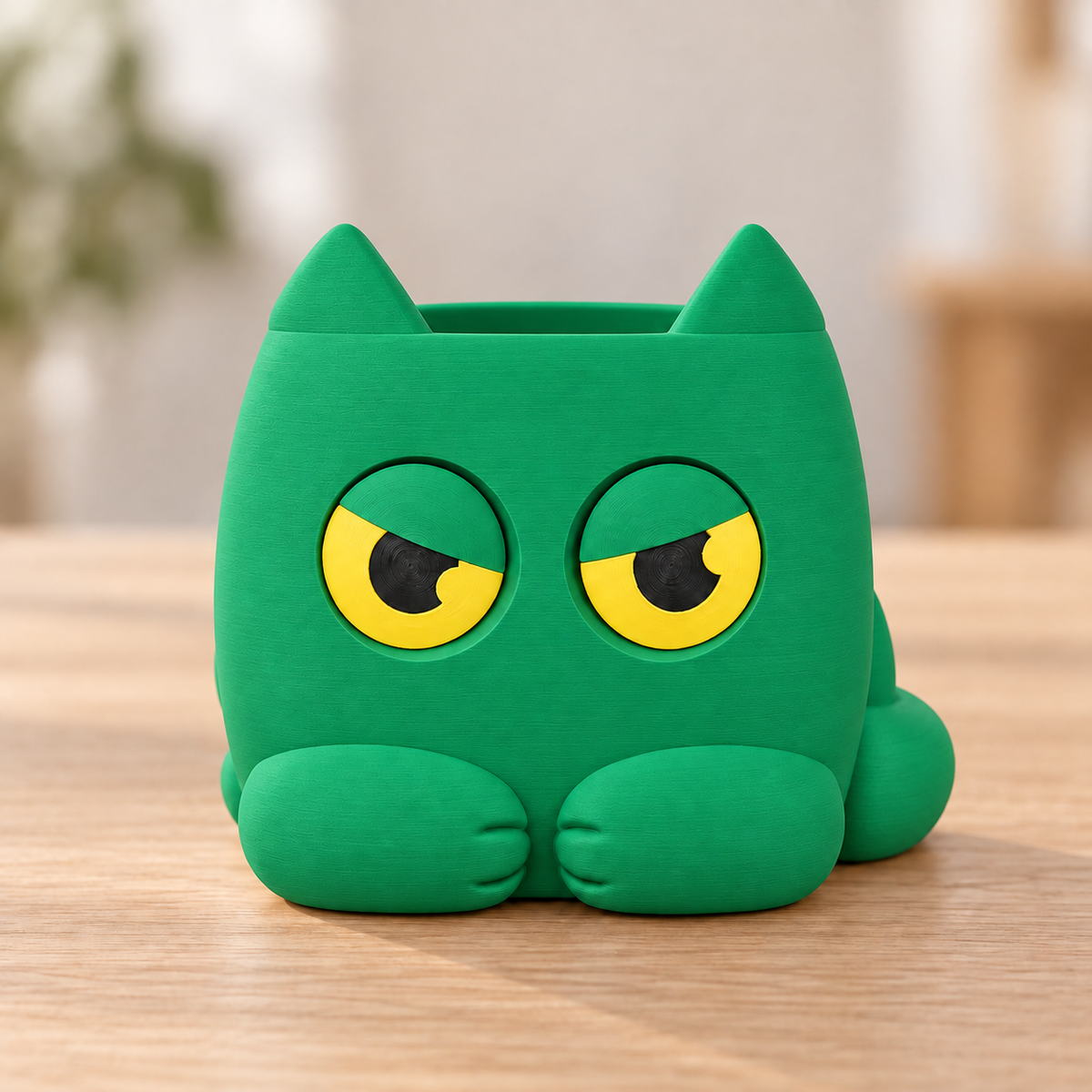 Vaso Gato Rabugento — Verde, sem planta, com olhos indicadores amarelos e pretos