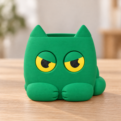 Vaso Gato Rabugento — Verde, sem planta, com olhos indicadores amarelos e pretos