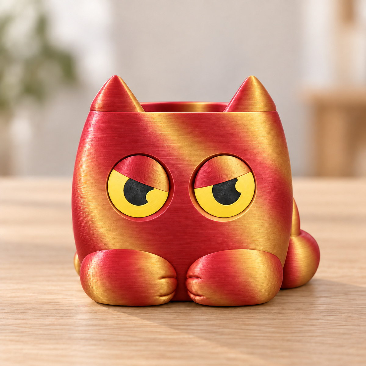 Vaso Gato Rabugento — Vermelho e Dourado, sem planta, com olhos indicadores amarelos e pretos