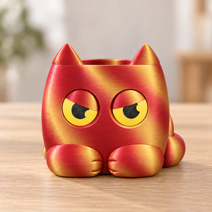 Vaso Gato Rabugento — Vermelho e Dourado, sem planta, com olhos indicadores amarelos e pretos