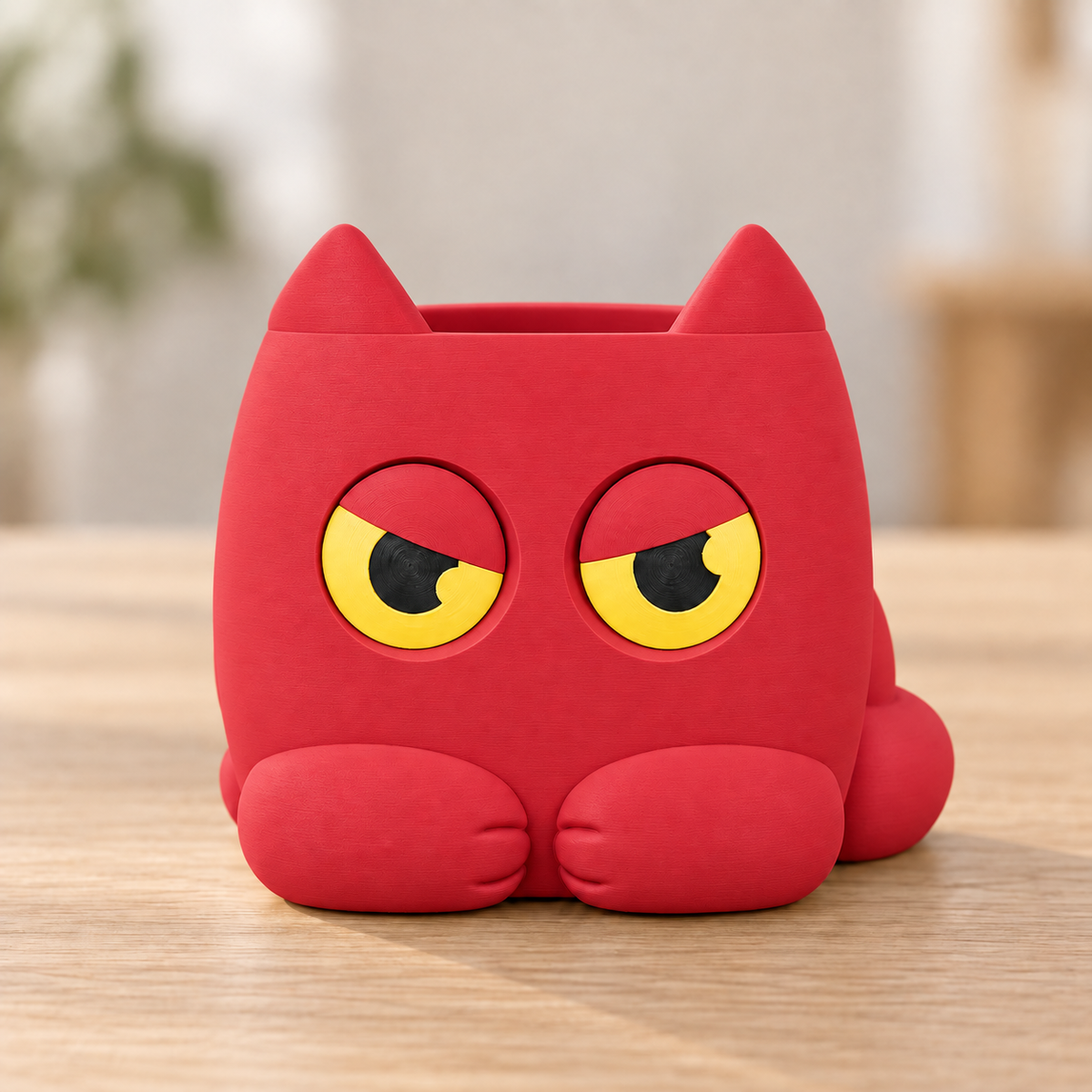 Vaso Gato Rabugento — Vermelho, sem planta, com olhos indicadores amarelos e pretos