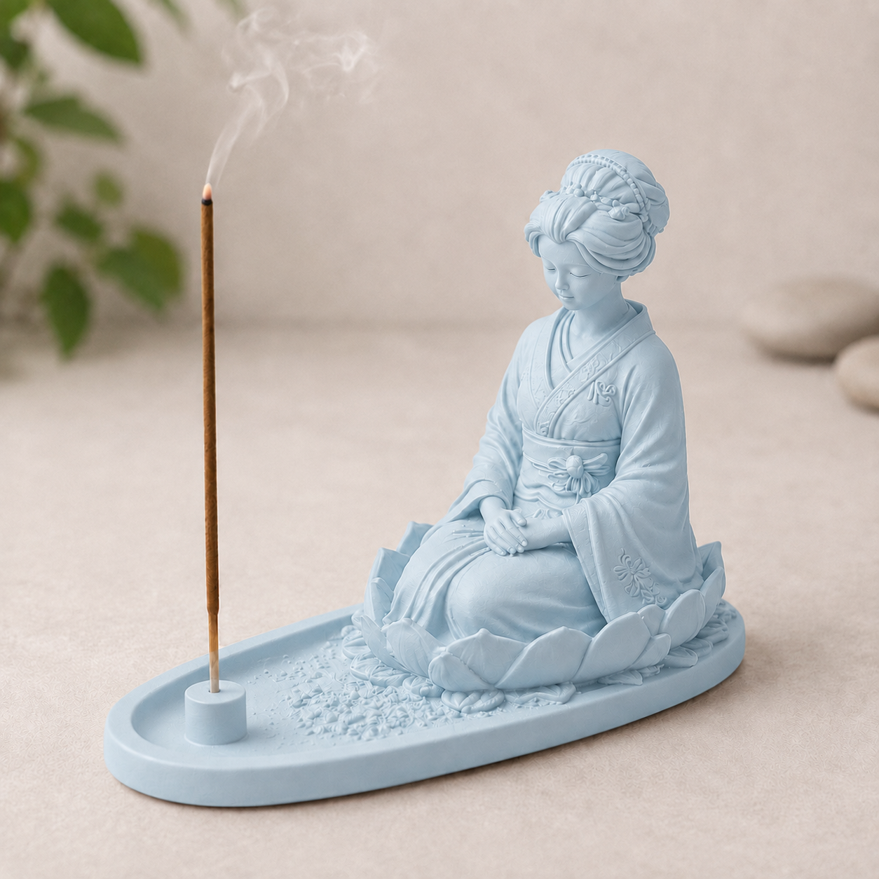 Suporte de incenso com gueixa sentada sobre flor de lótus, na cor azul-celeste