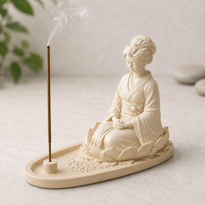 Suporte de incenso bege com figura de gueixa sentada sobre flor de lótus