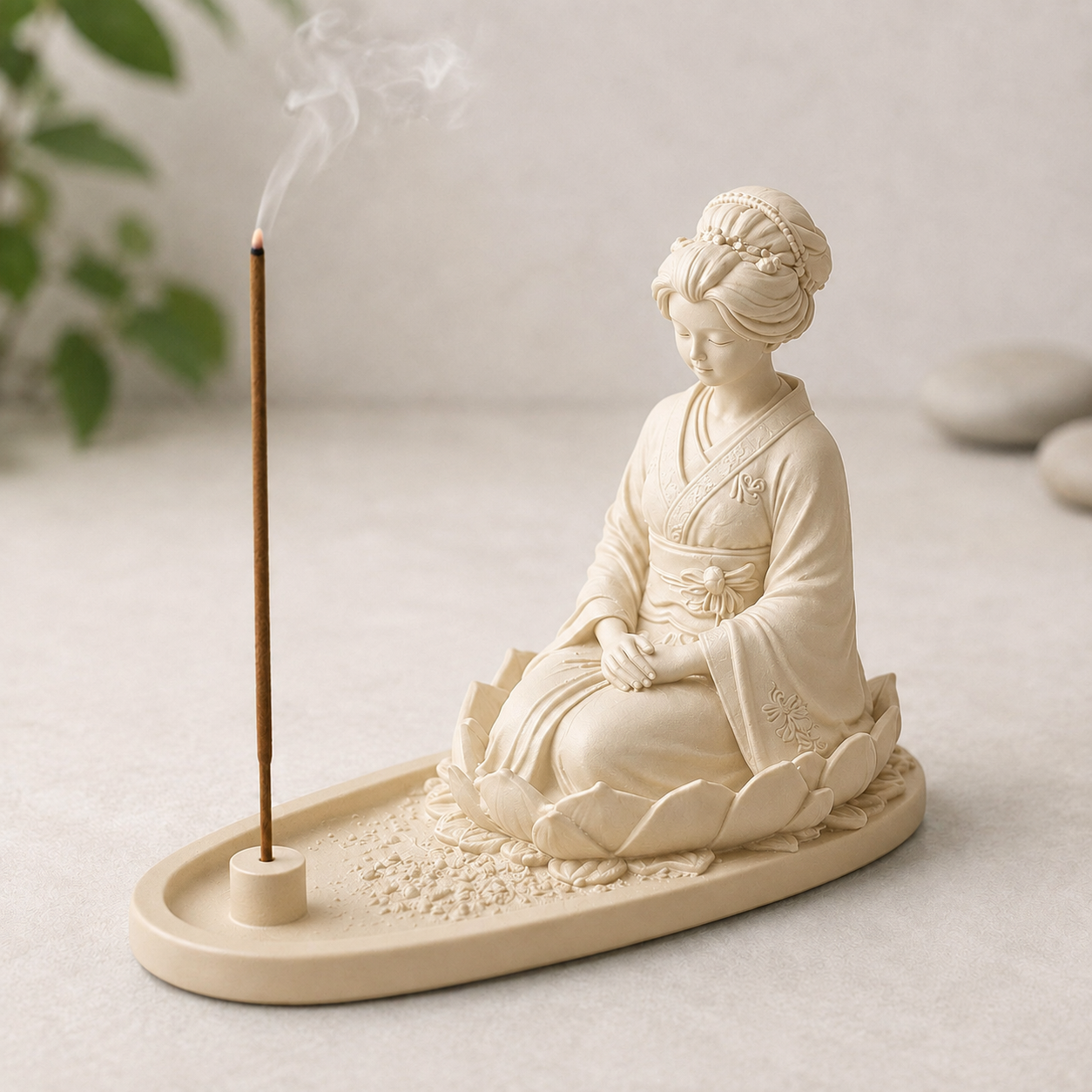 Suporte de incenso Geisha Zen bege, gueixa sentada sobre flor de lótus