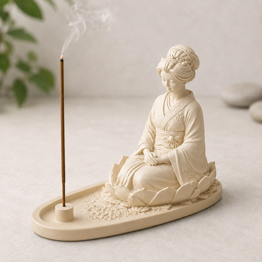 Suporte de incenso Geisha Zen bege, gueixa sentada sobre flor de lótus