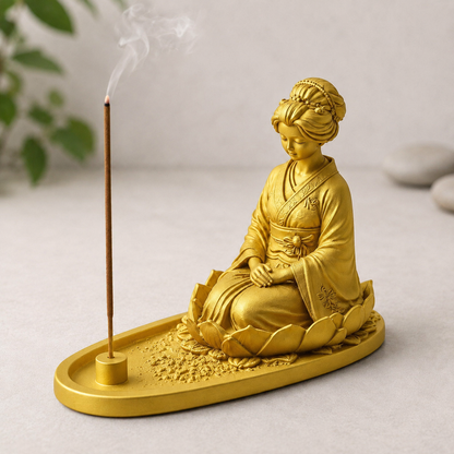 Suporte de incenso com gueixa sentada sobre flor de lótus, na cor dourada