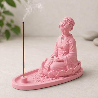 Suporte de incenso com gueixa sentada sobre flor de lótus, na cor rosa