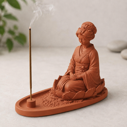 Suporte de incenso com gueixa sentada sobre flor de lótus, na cor marrom terracota