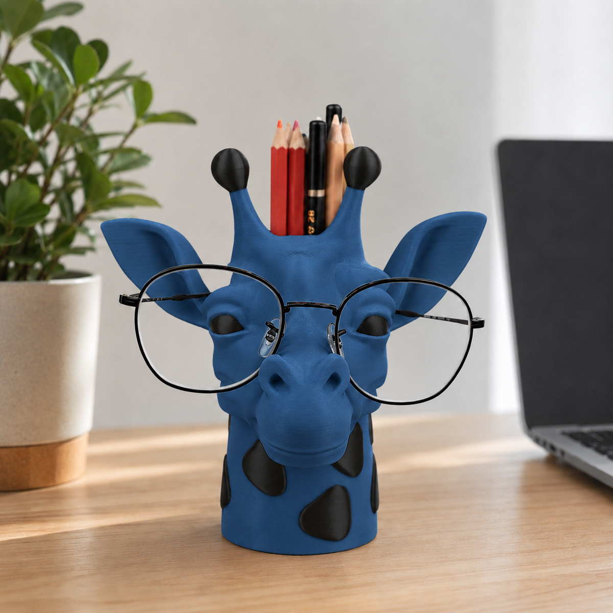 Gigi — Girafa Porta-Óculos e Canetas — Dark Blue com pintinhas pretas