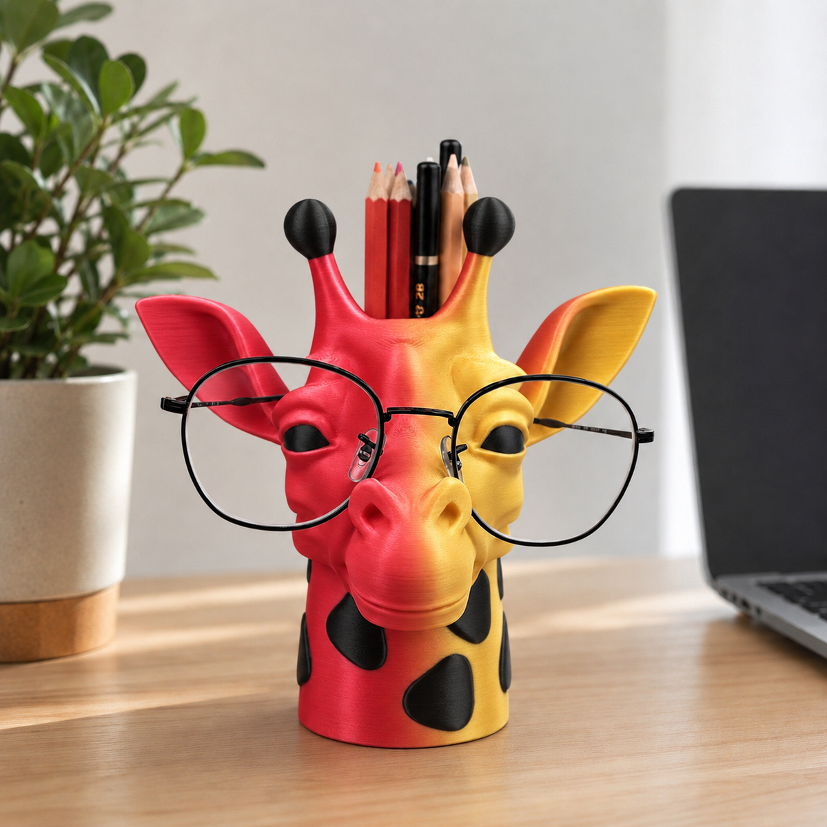 Gigi — Girafa Porta-Óculos e Canetas — Vermelho e Dourado com pintinhas pretas