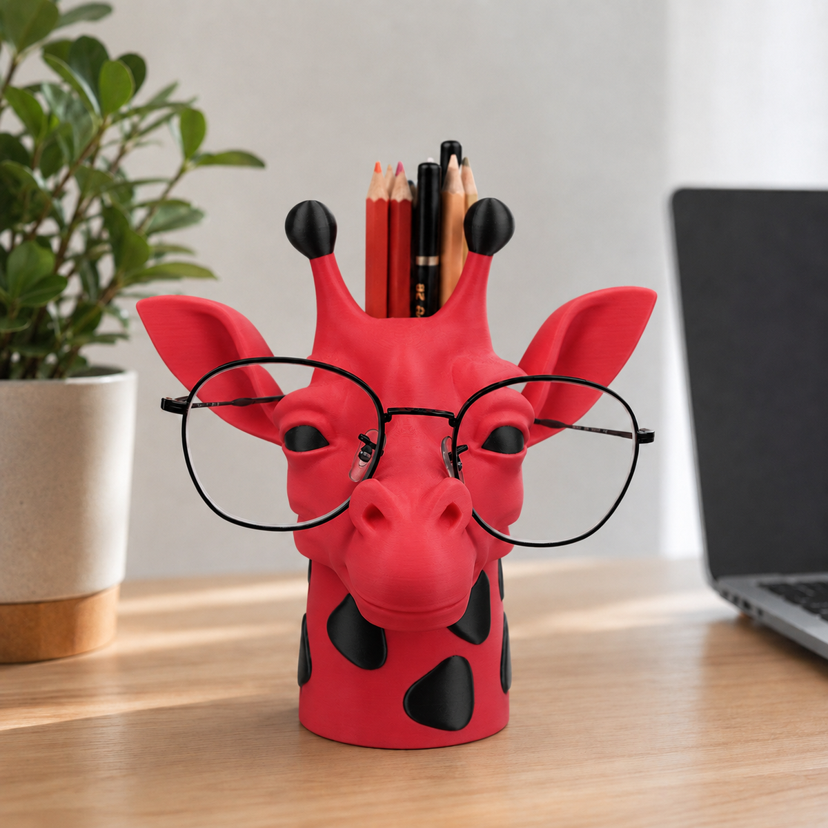 Gigi — Girafa Porta-Óculos e Canetas — Vermelho com pintinhas pretas