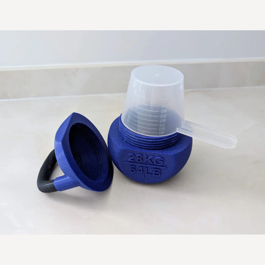 Pote Kettlebell aberto mostrando copo medidor interno