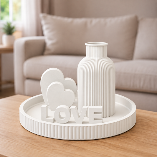 Kit Japandi LOVE — Branco, bandeja, vaso, letreiro e dois corações