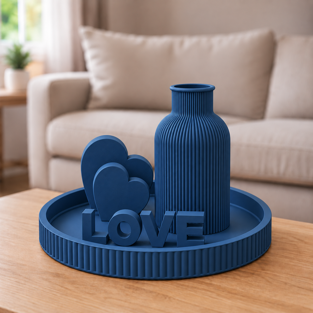 Kit Japandi LOVE — Dark Blue, bandeja, vaso, letreiro e dois corações