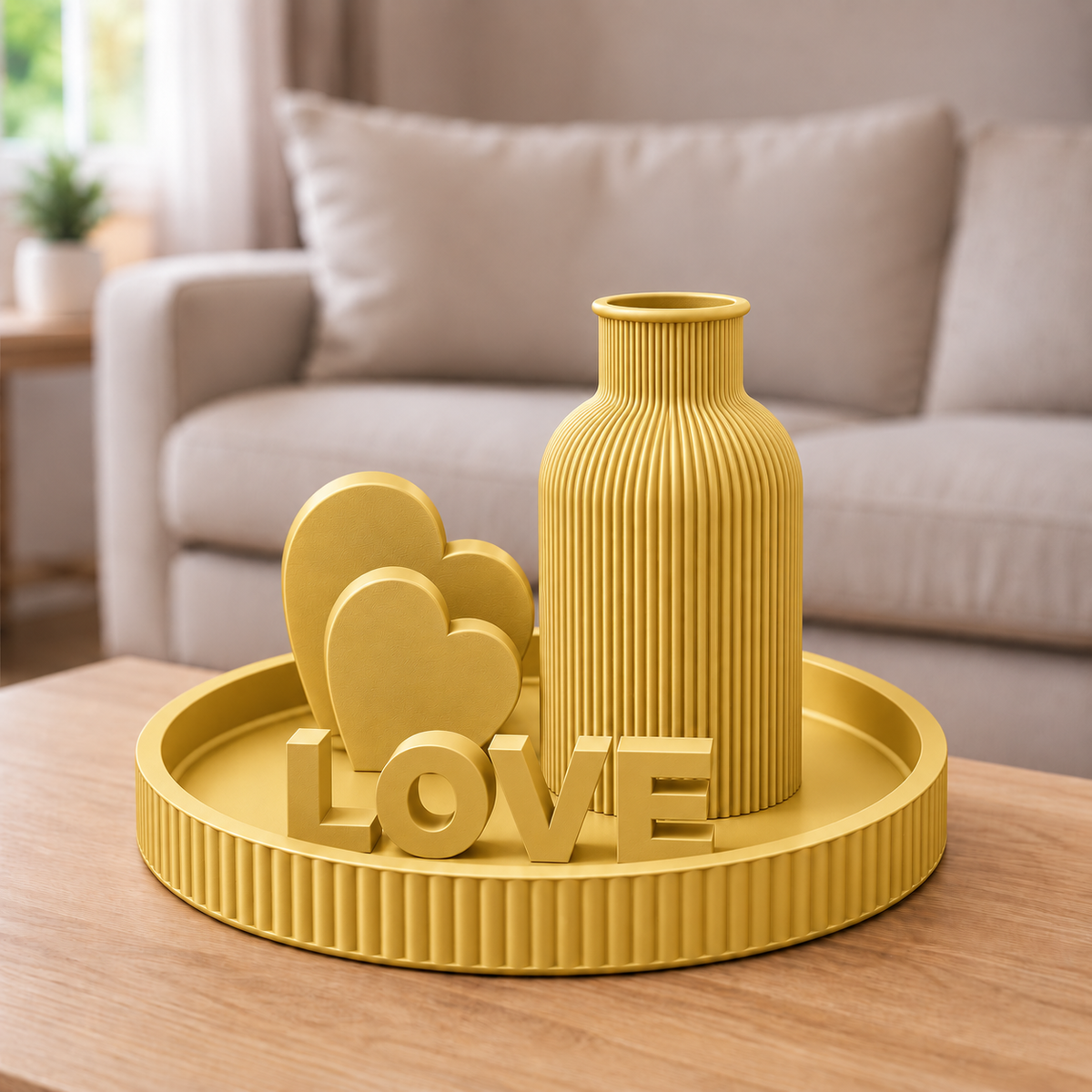 Kit Japandi LOVE — Dourado, bandeja, vaso, letreiro e dois corações