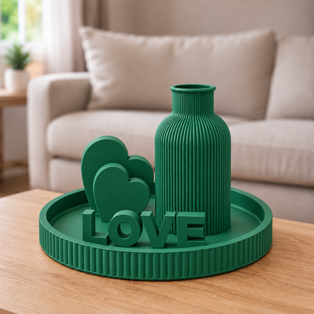 Kit Japandi LOVE — Holly Green, bandeja, vaso, letreiro e dois corações