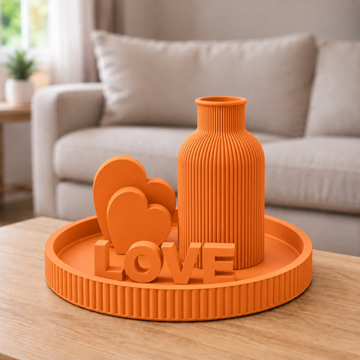 Kit Japandi LOVE — Laranja, bandeja, vaso, letreiro e dois corações
