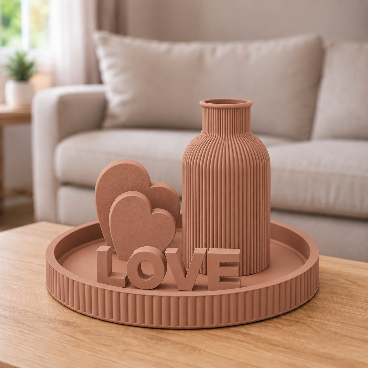 Kit Japandi LOVE — Marrom Terracota, bandeja, vaso, letreiro e dois corações