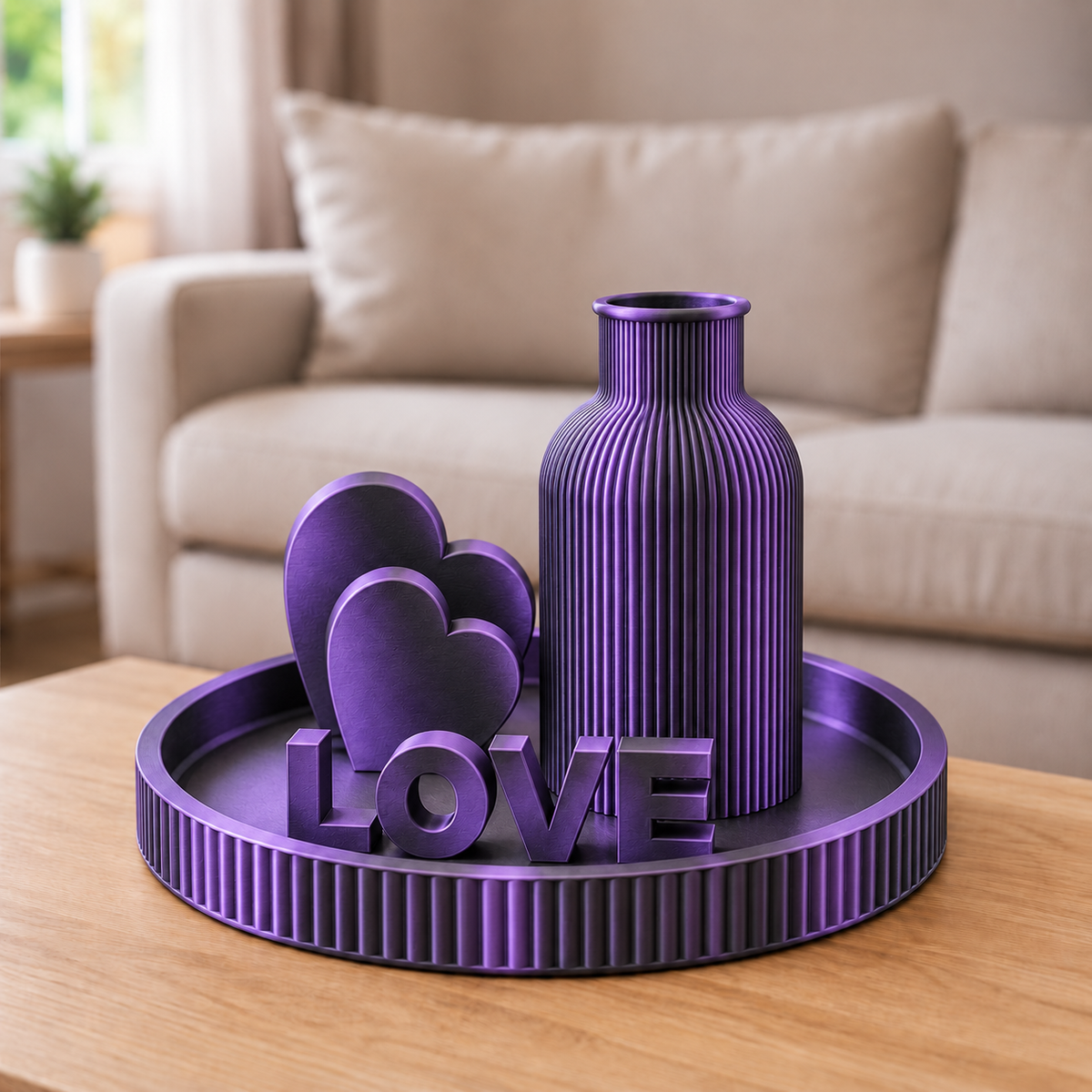 Kit Japandi LOVE — Preto e Roxo, bandeja, vaso, letreiro e dois corações