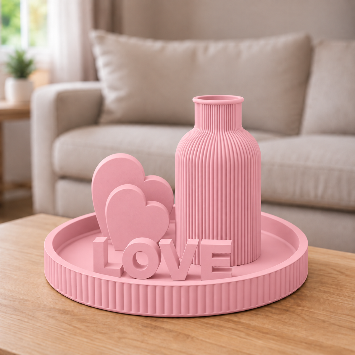 Kit Japandi LOVE — Rosa, bandeja, vaso, letreiro e dois corações