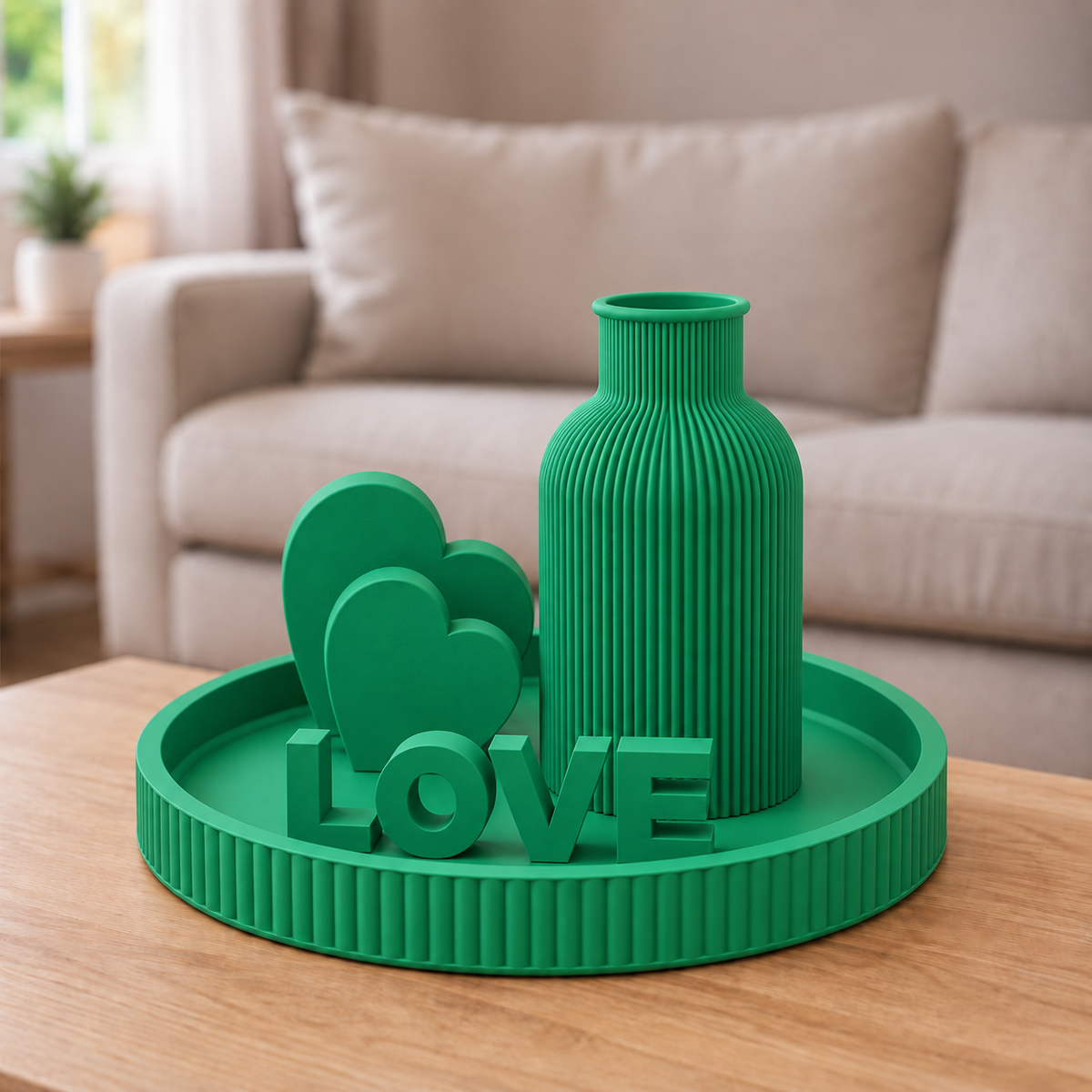 Kit Japandi LOVE — Verde, bandeja, vaso, letreiro e dois corações