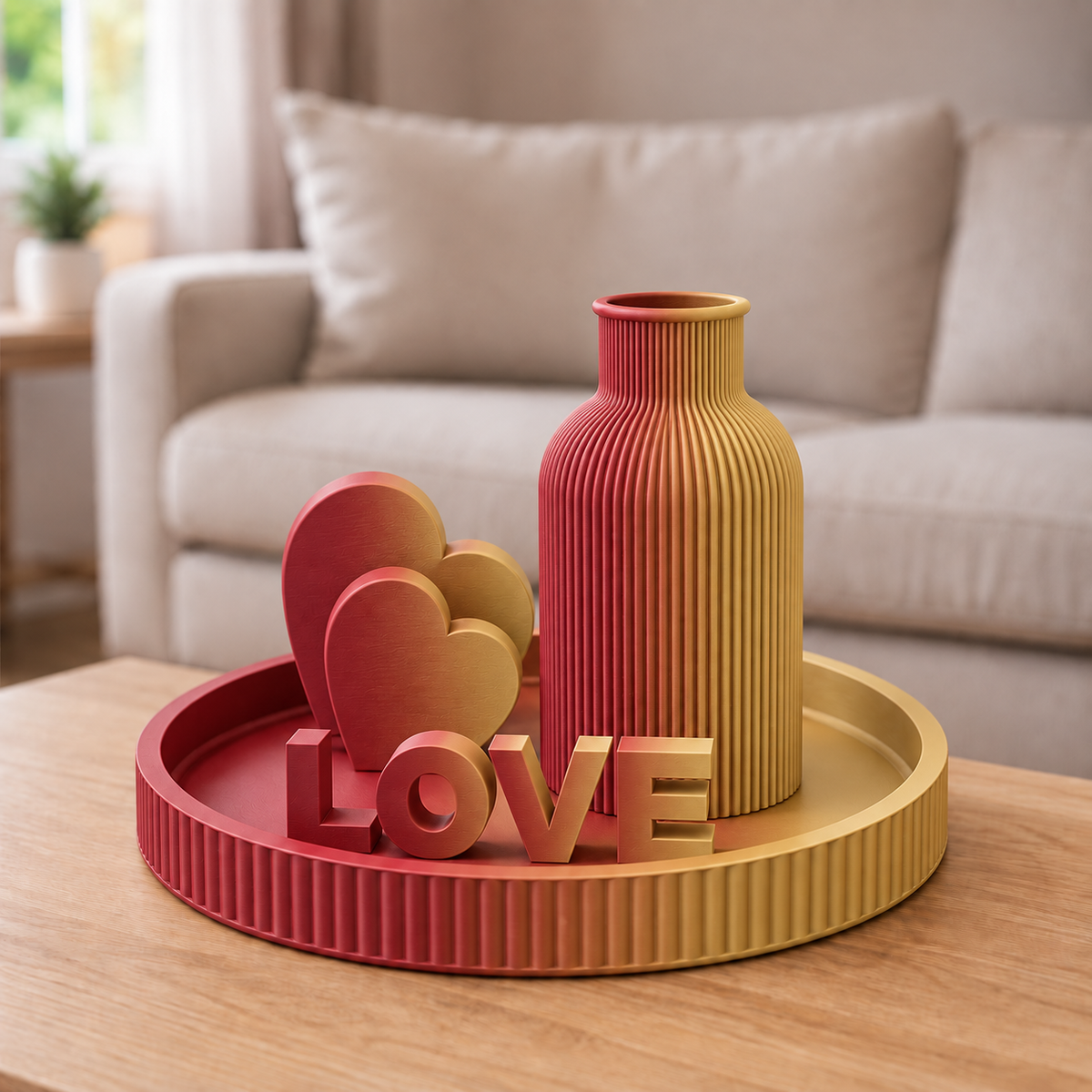 Kit Japandi LOVE — Vermelho e Dourado, bandeja, vaso, letreiro e dois corações
