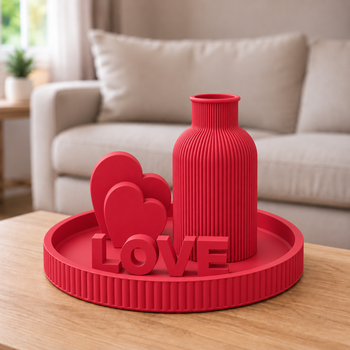 Kit Japandi LOVE — Vermelho, bandeja, vaso, letreiro e dois corações