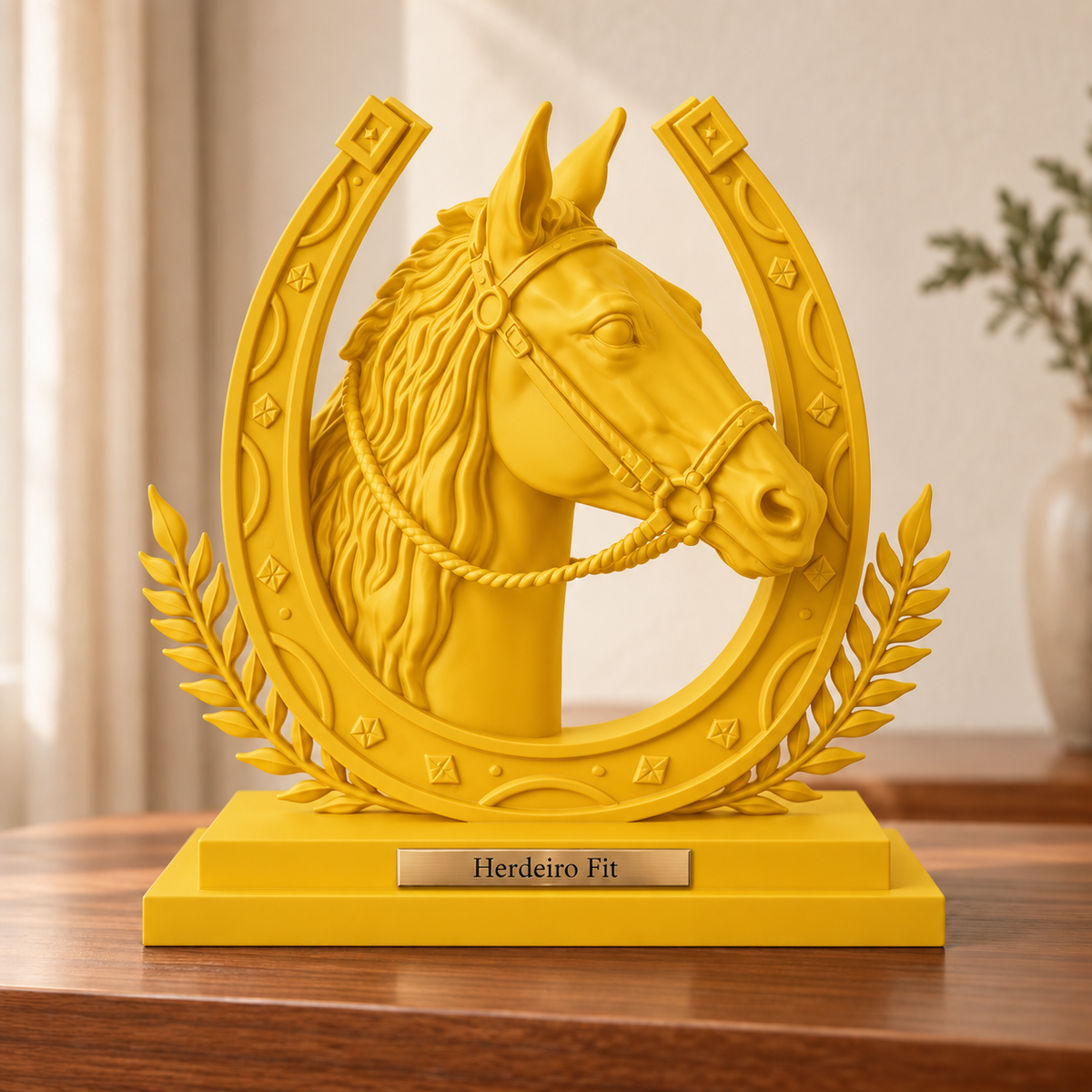 Legado — escultura de cavalo Amarelo, placa personalizada Herdeiro Fit