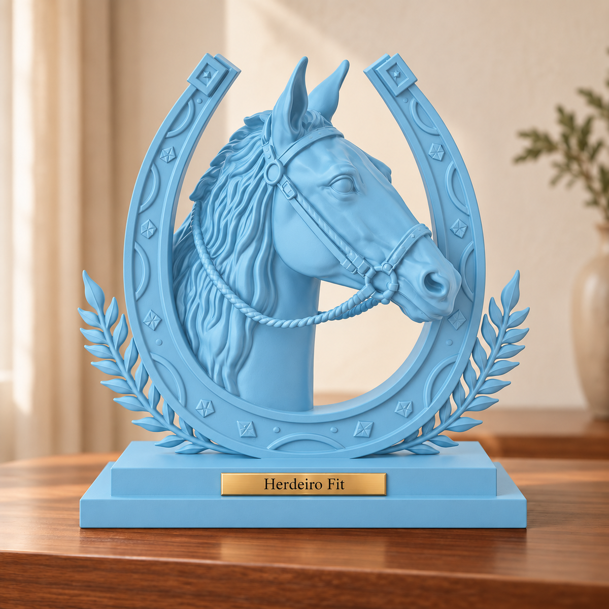 Legado — escultura de cavalo Azul Celeste, placa personalizada Herdeiro Fit