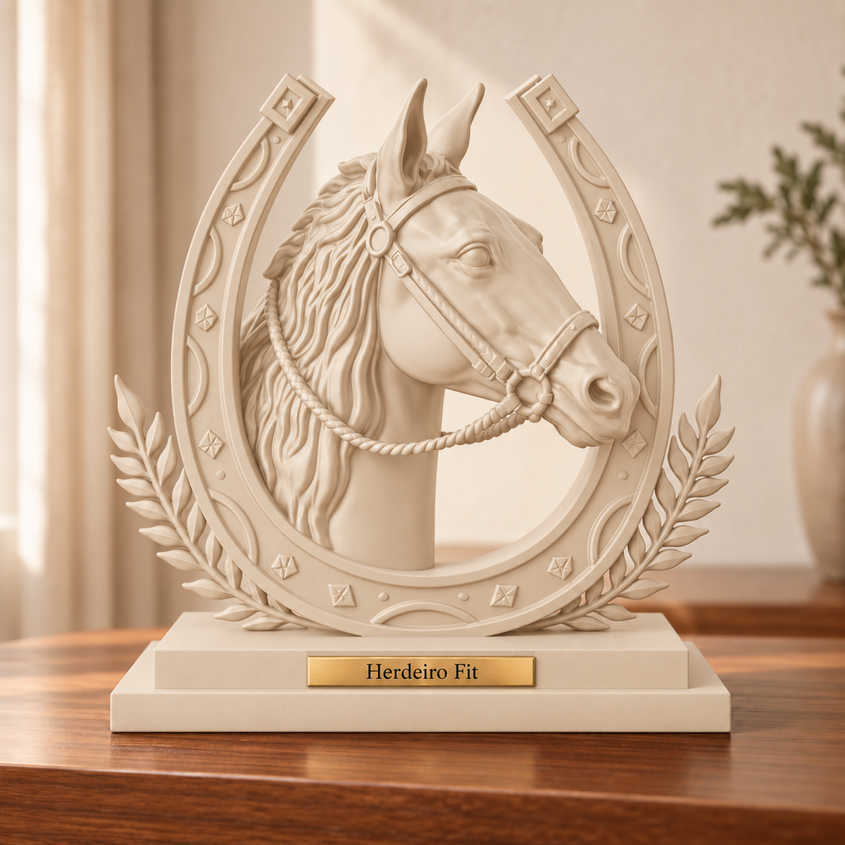 Legado — escultura de cavalo Bege, placa personalizada Herdeiro Fit